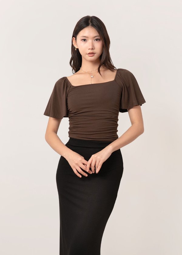 Willow Flutter Sleeve Ruched Top in Espresso Brown *US*