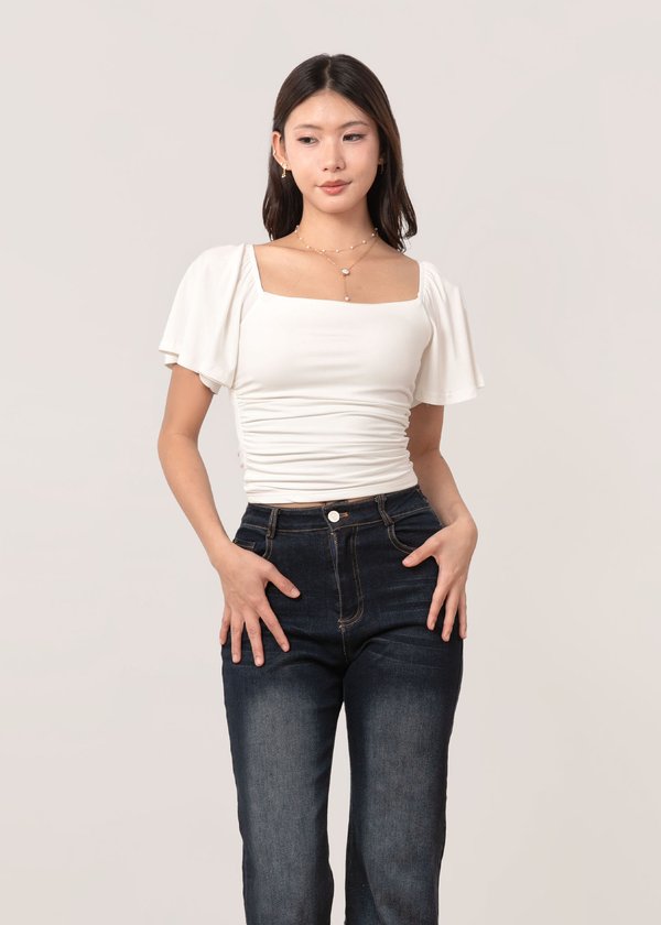 Willow Flutter Sleeve Ruched Top in White *US*