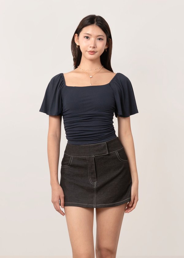 Willow Flutter Sleeve Ruched Top in Navy *US*