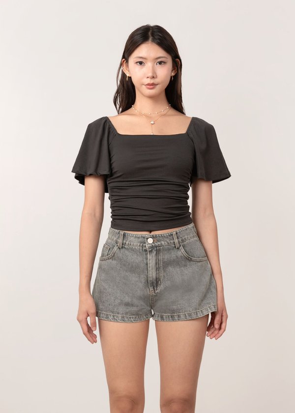 Willow Flutter Sleeve Ruched Top in Charcoal Grey *US*