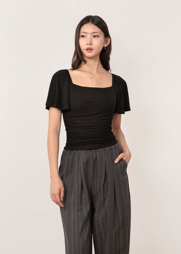 Willow Flutter Sleeve Ruched Top in Black *US*
