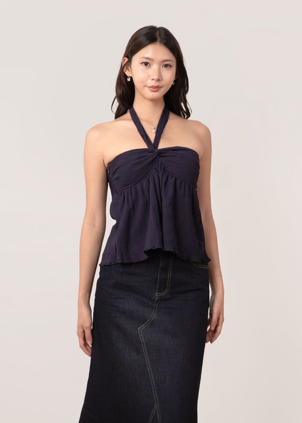 Love Note Halter Textured Top in Navy