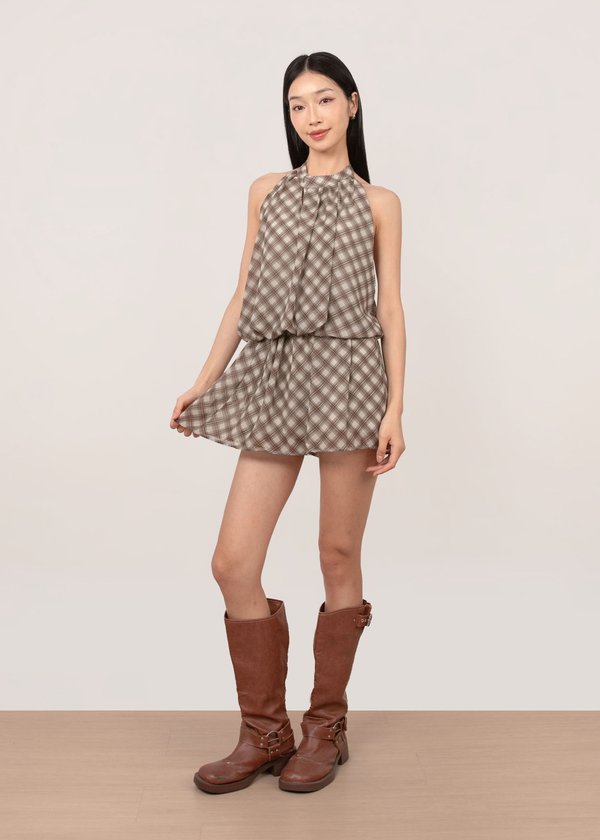 Flueris Romper in Mocha Greige Plaids