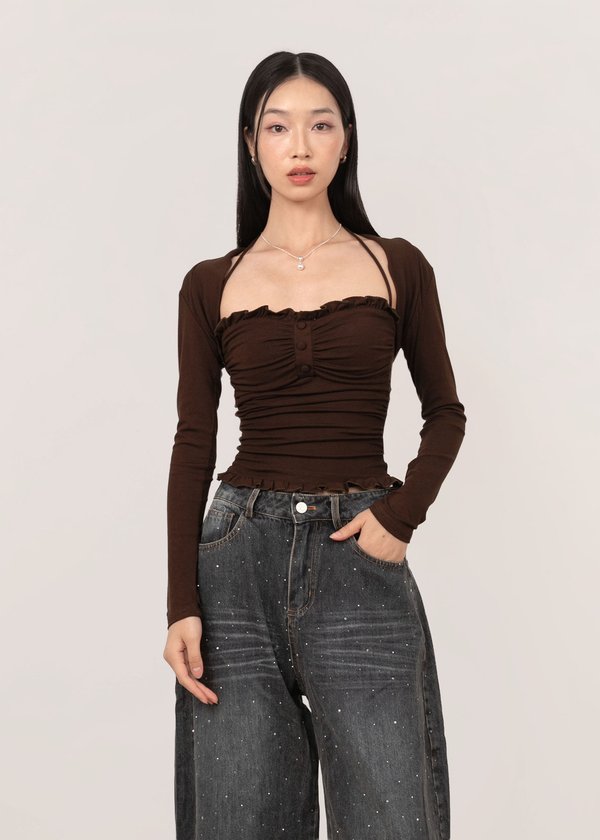Solene Top & Bolero Set in Mocha Brown