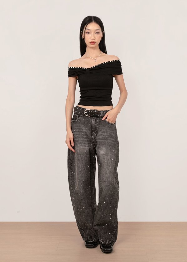 Quinn Rhinestone Barrel Jeans in Acid Grey Wash