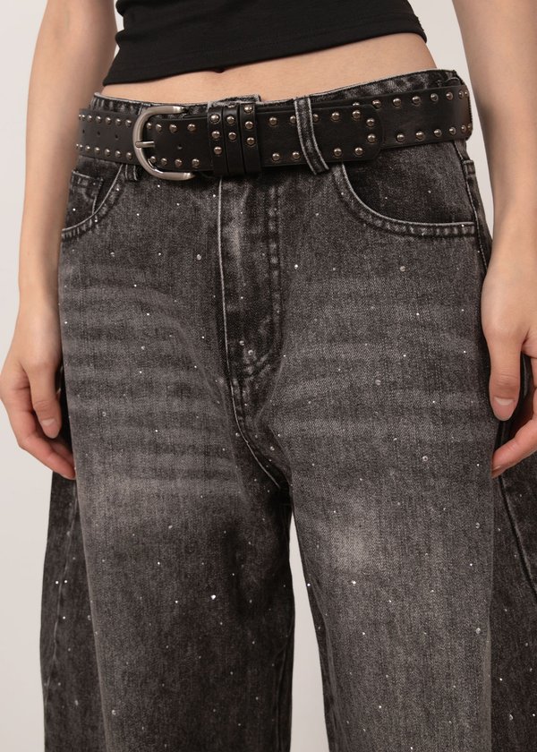 Quinn Rhinestone Barrel Jeans in Acid Grey Wash