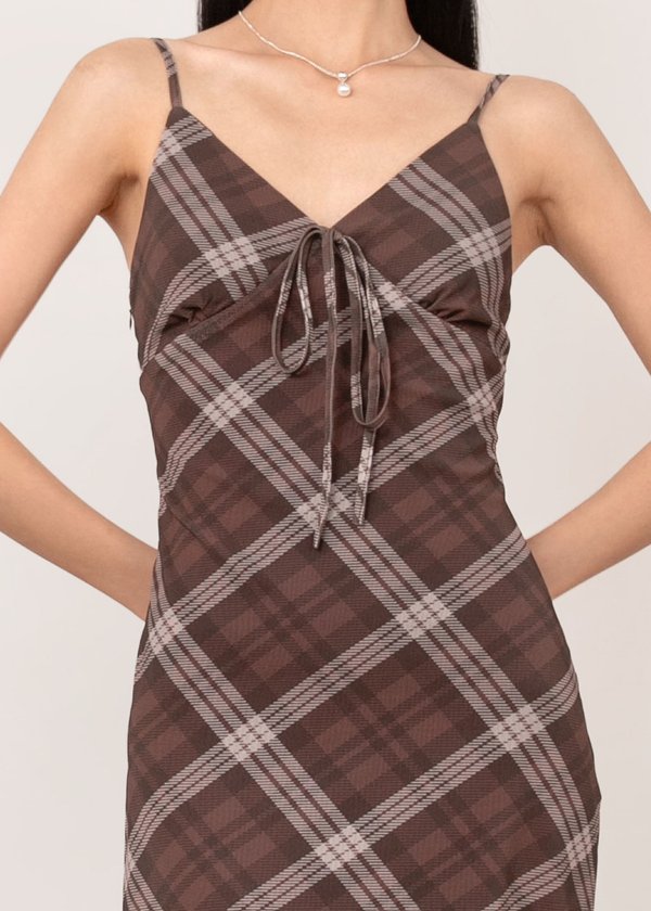 Brigitte Plaids Midi Dress in Truffle Ivory