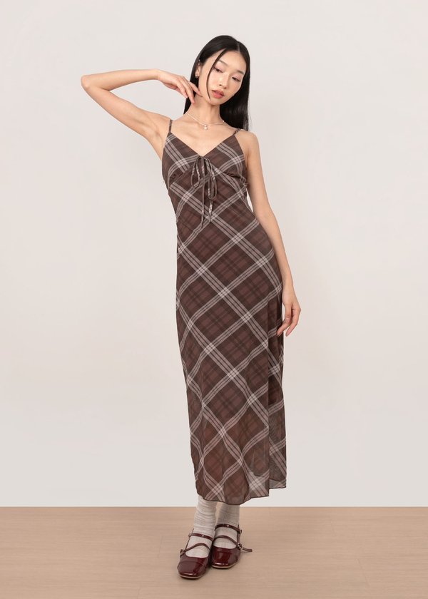 Brigitte Plaids Midi Dress in Truffle Ivory