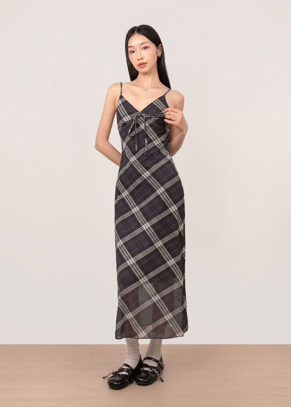 Brigitte Plaids Midi Dress in Midnight Ivory