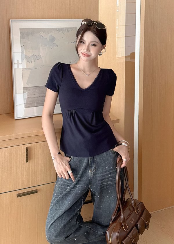Delphine Lace Sleeve Top in Navy