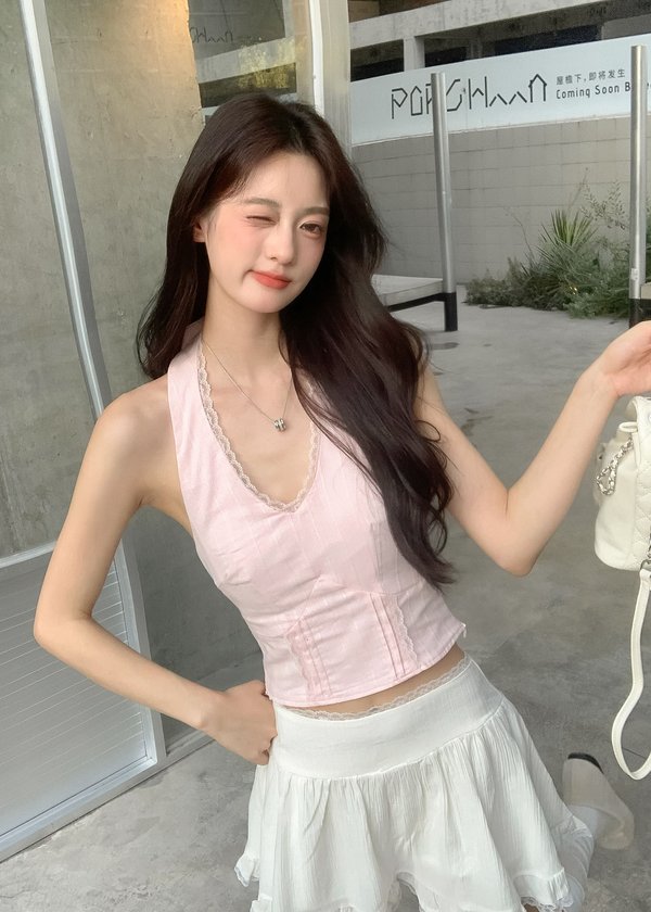 Estella Lace Halter Top in Ballet Pink