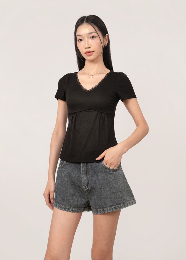 Delphine Lace Sleeve Top in Black