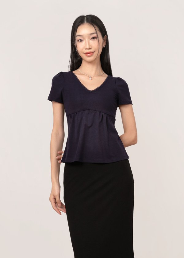 Delphine Lace Sleeve Top in Navy