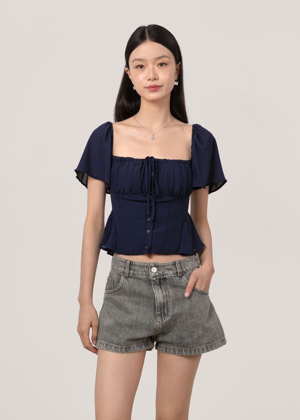 Cosette Flutter Sleeve Top in Navy