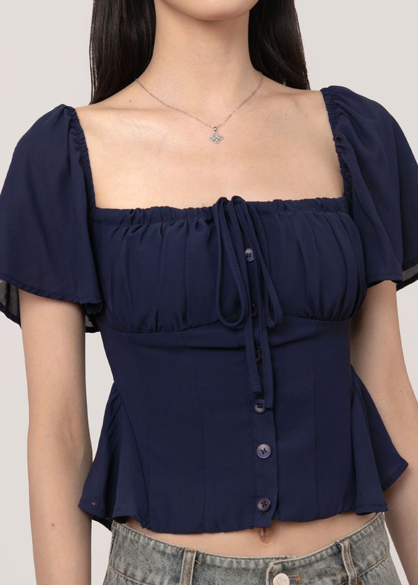 Cosette Flutter Sleeve Top in Navy