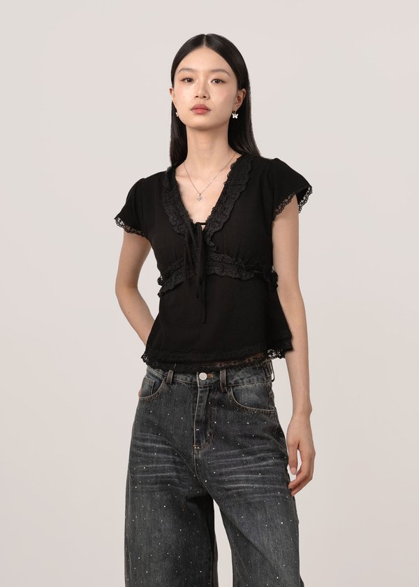 Coco Lace Ruffles Babydoll Top in Black