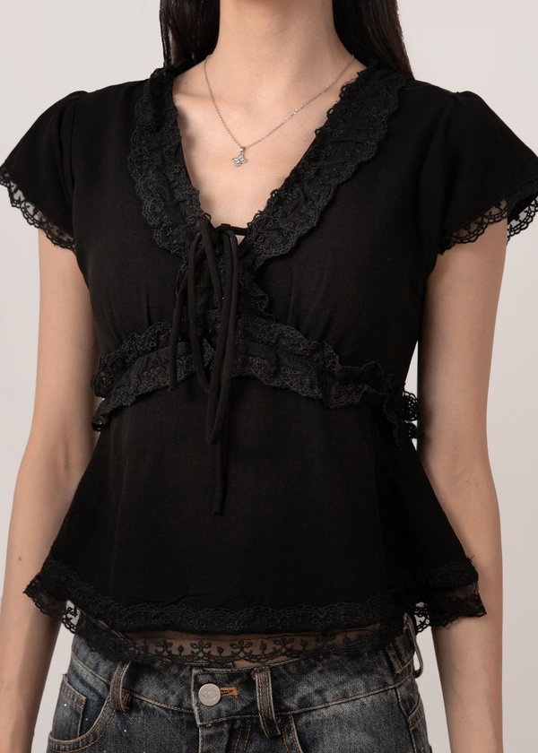 Coco Lace Ruffles Babydoll Top in Black