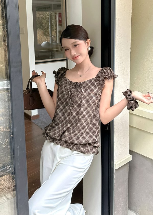 Checks Fling Top in Mocha Taupe