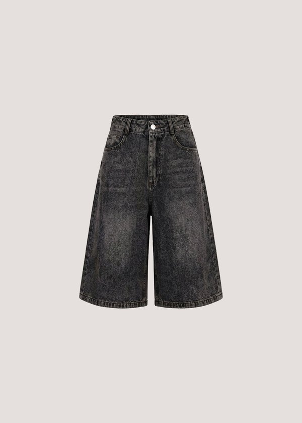 Raw Mid-Low Waisted Denim Jorts in Grey Wash