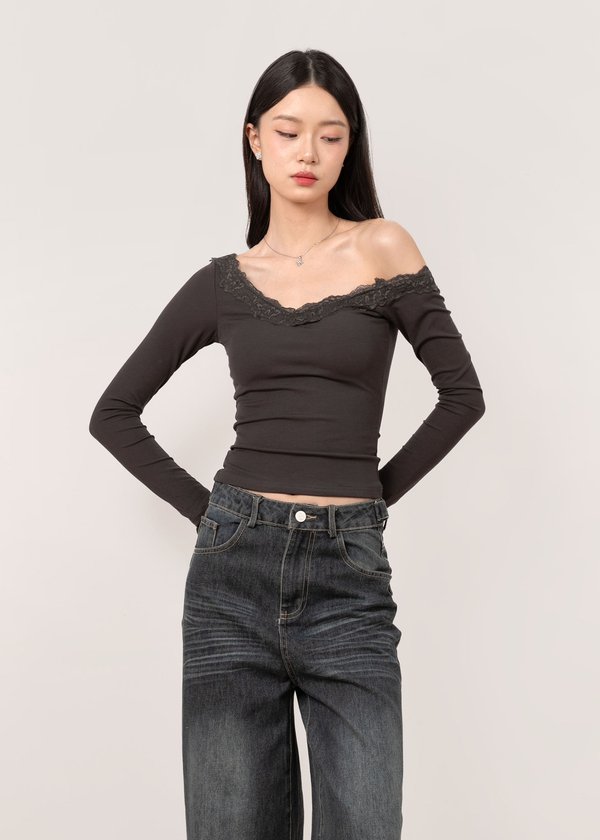 Fleur Off Shoulder Lace Top in Gun Metal