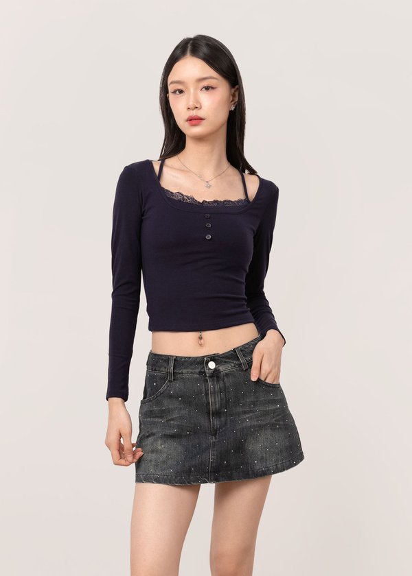 Chrome Denim Skorts in Rhinestone Dark Wash
