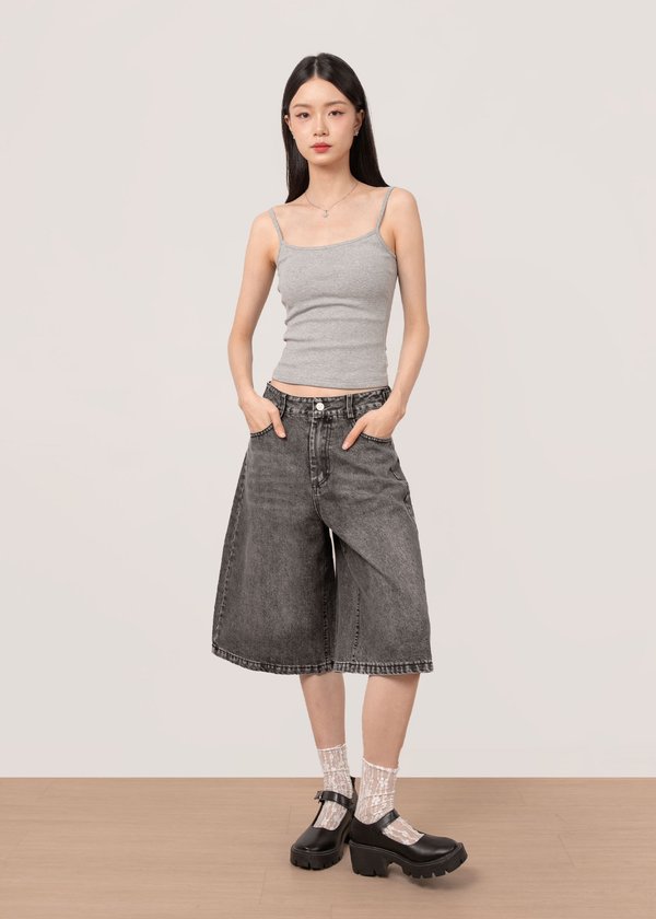 Raw Mid-Low Waisted Denim Jorts in Grey Wash