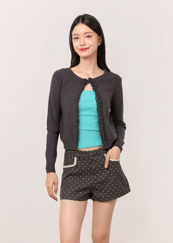 Romy Ruffles Cardigan in Charcoal Grey