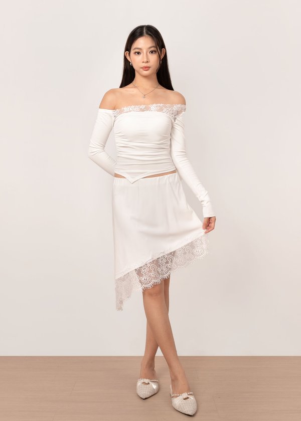 Vella Lace Asymmetrical Skirt in White