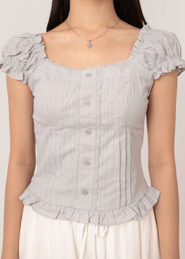 Tessa Lace Ruffles Top in Slate Blue Grey