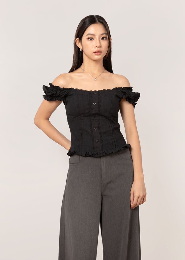 Tessa Lace Ruffles Top in Black