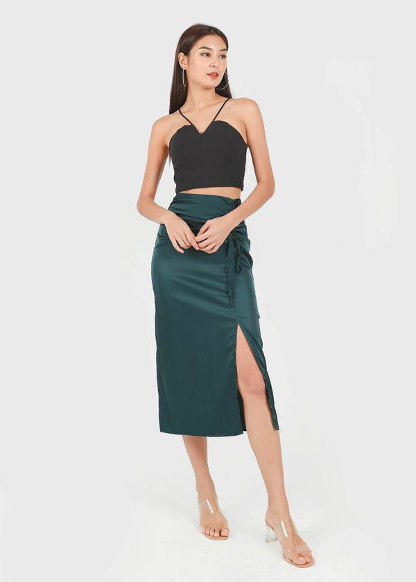 Brea Satin Midi Slit Skirt in Emerald Green #6stylexclusive