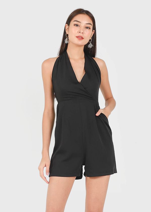 Odelia Halter Satin Romper in Black #6stylexclusive