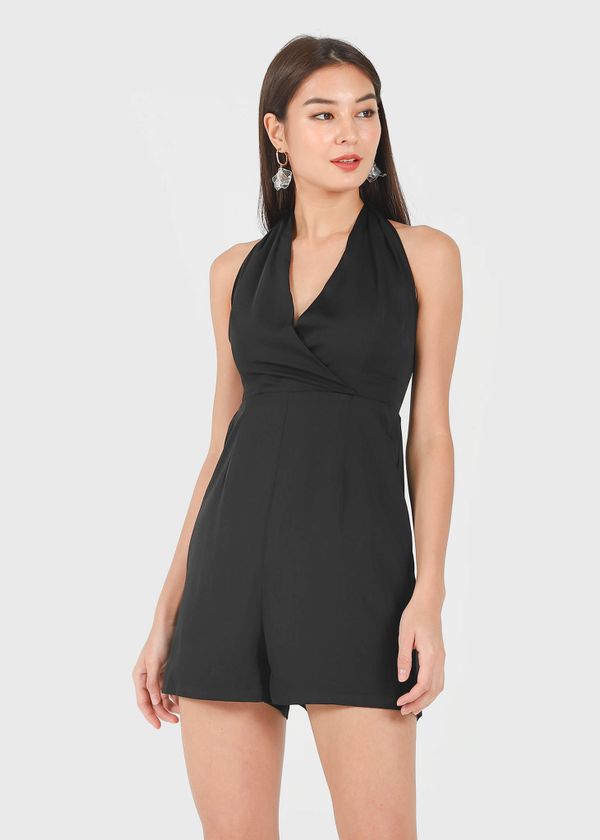 Odelia Halter Satin Romper in Black #6stylexclusive