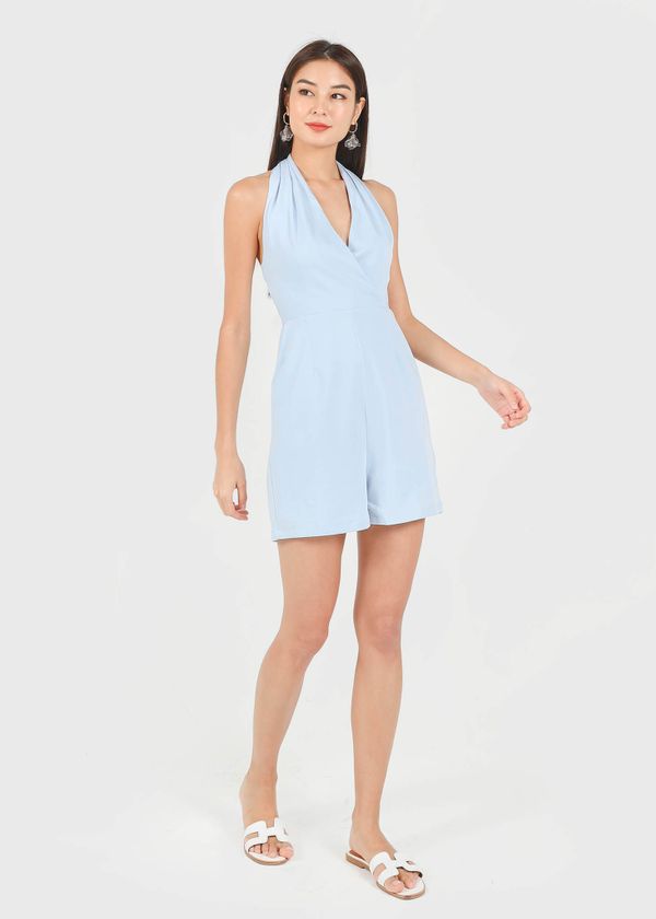 Odelia Halter Satin Romper in Baby Blue #6stylexclusive