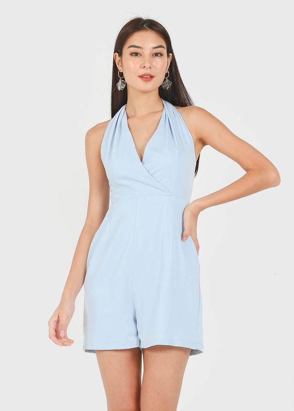 Odelia Halter Satin Romper in Baby Blue #6stylexclusive