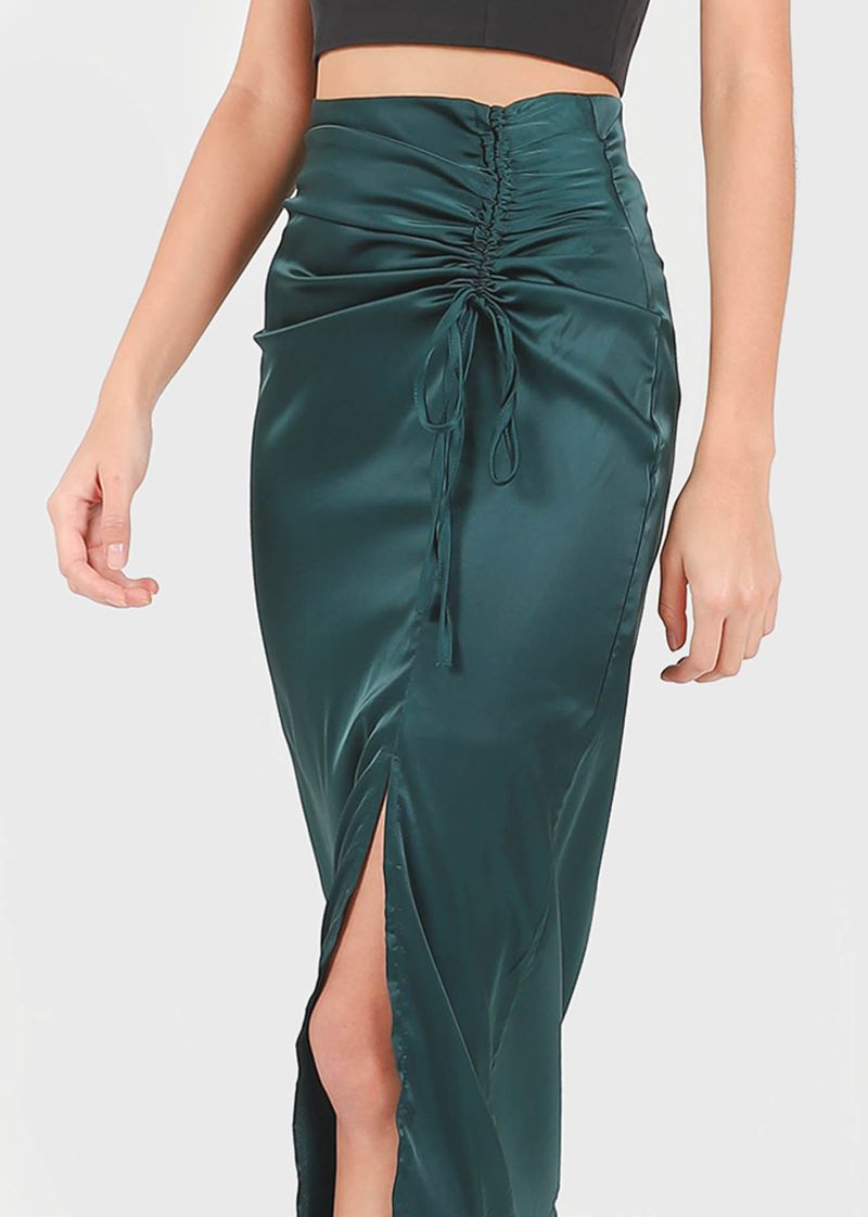 Spaghetti Strap Shiny Satin Gown with Slit Skirt