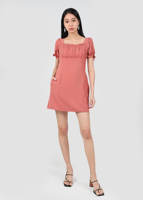 Ellena Ruched Mini Puffy Dress in Rosewood #6stylexclusive
