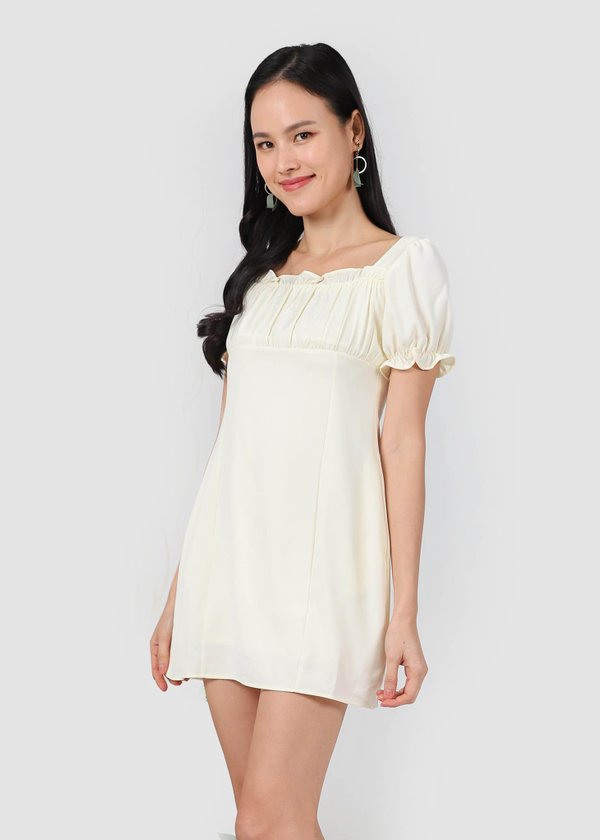 Ellena Ruched Mini Puffy Dress in Pastel Yellow #6stylexclusive