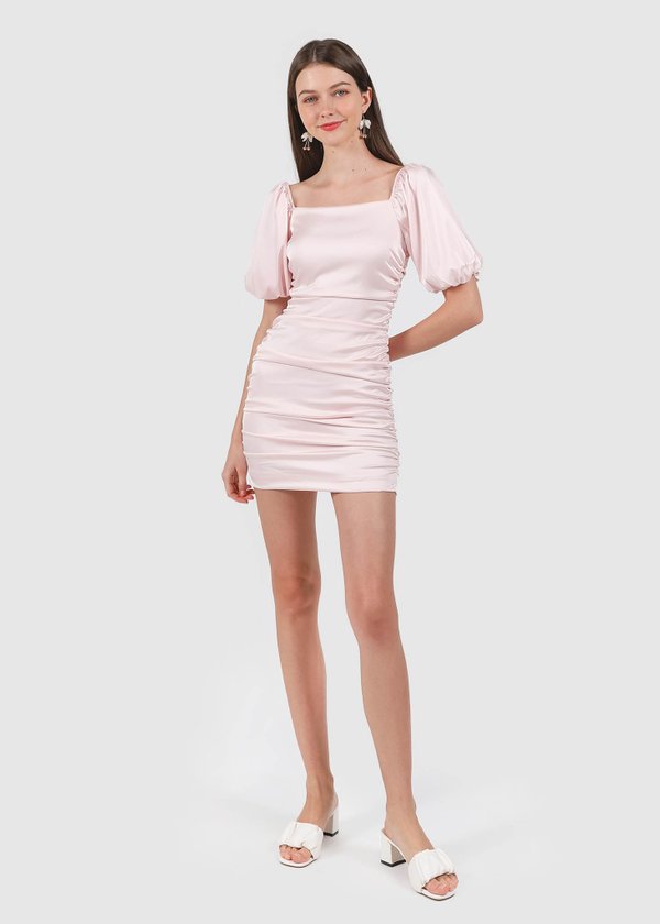 Rumi Bubble Sleeve Ruched Dress in Rose Pink #6stylexclusive