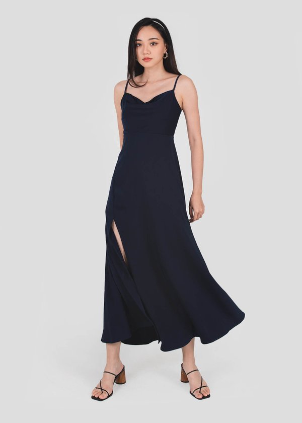 Rachell Satin Cowl Neck Dress in Midnight Blue #6stylexclusive