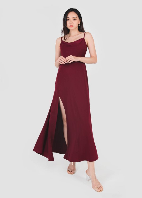 Rachell Satin Cowl Neck Dress in Wine Red #6stylexclusive