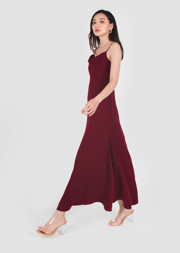 Rachell Satin Cowl Neck Dress in Wine Red #6stylexclusive
