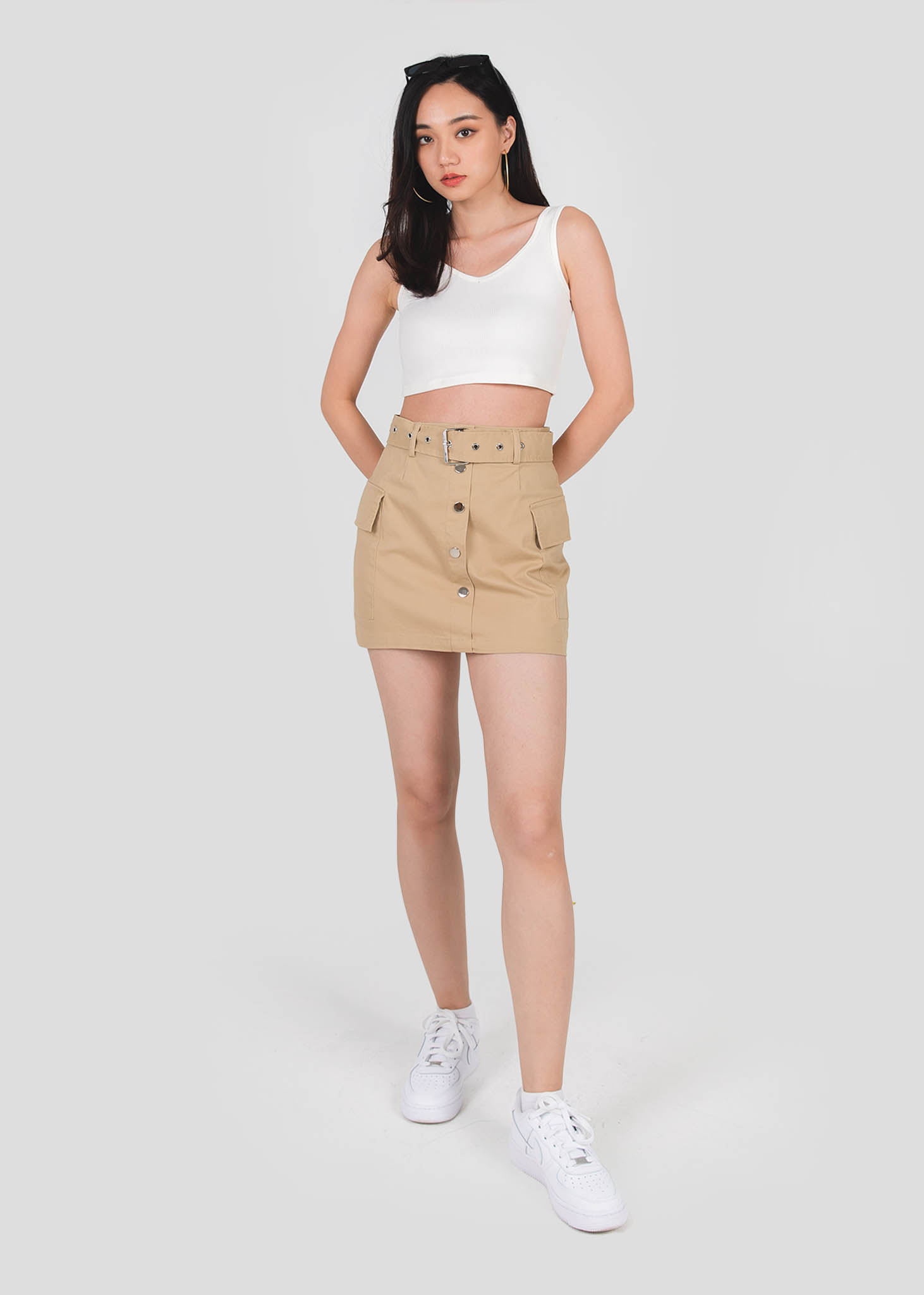 ★RAIVE★ Cargo Shirring Skirt in Khaki VW3MS09142 WEAIXIMIUNG Trendy 2024 Women Skirts Knee Length Cotton Low