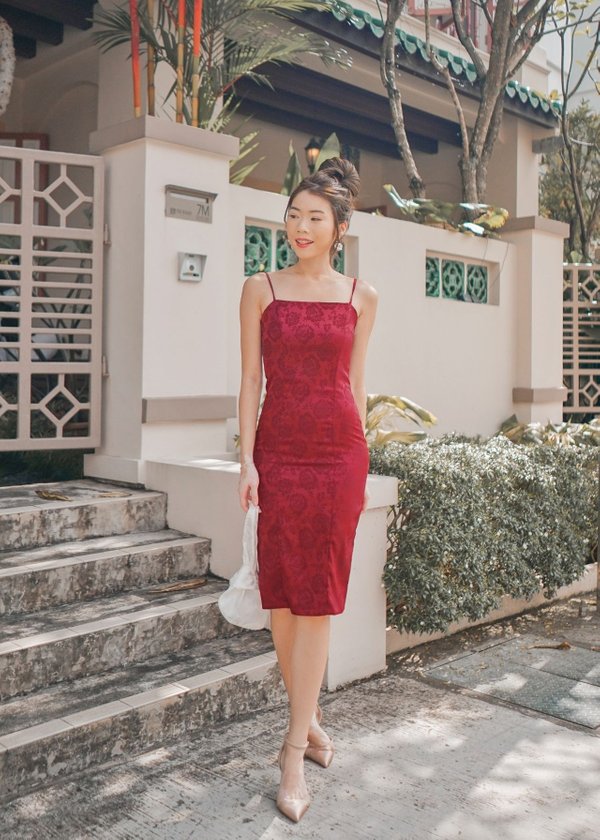 CNY'21 Oriental Midi Slit Dress in Red #6stylexclusive