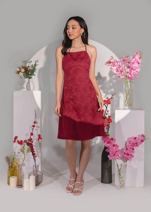 CNY Oriental Halter Slit Dress in Wine Red #6stylexclusive