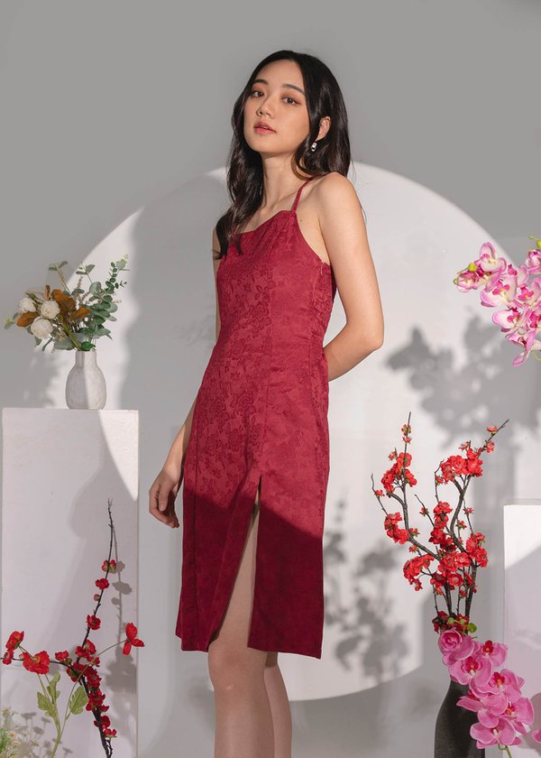 CNY'22 Oriental Halter Slit Dress in Wine Red #6stylexclusive