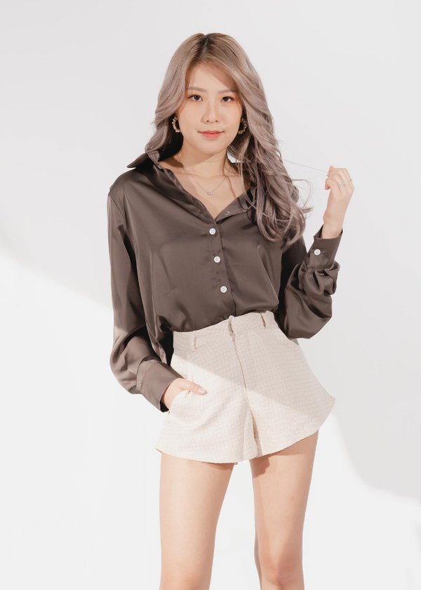 'Work in breeze' satin blouse in charcoal 