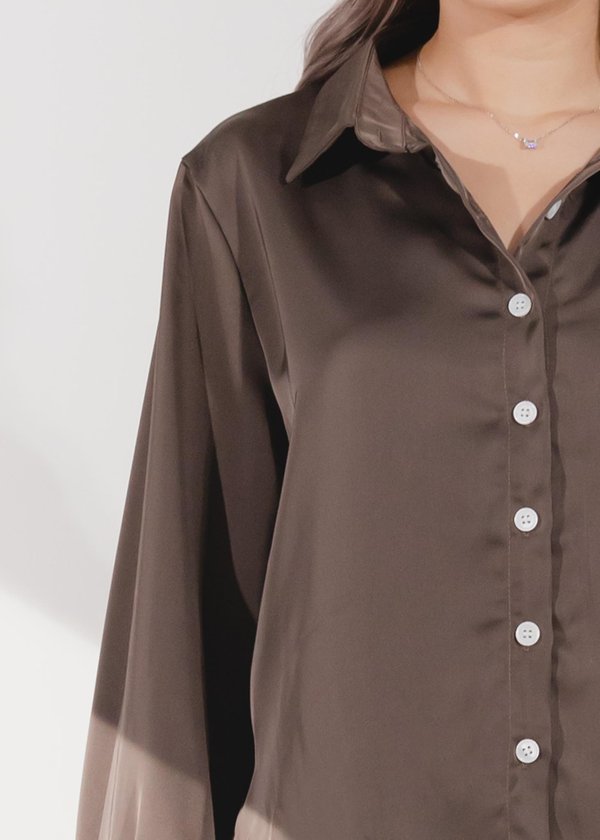 'Work in breeze' satin blouse in charcoal 