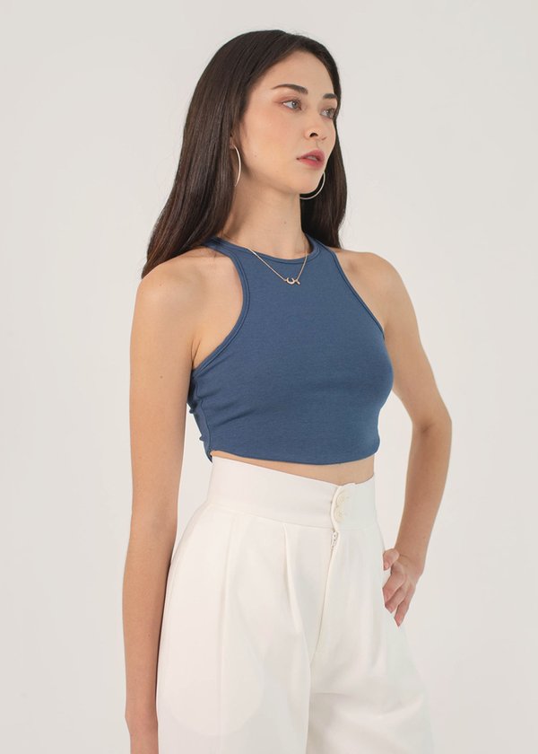 Offstage Curved Hem Razor Top in Military Blue #6stylexclusive