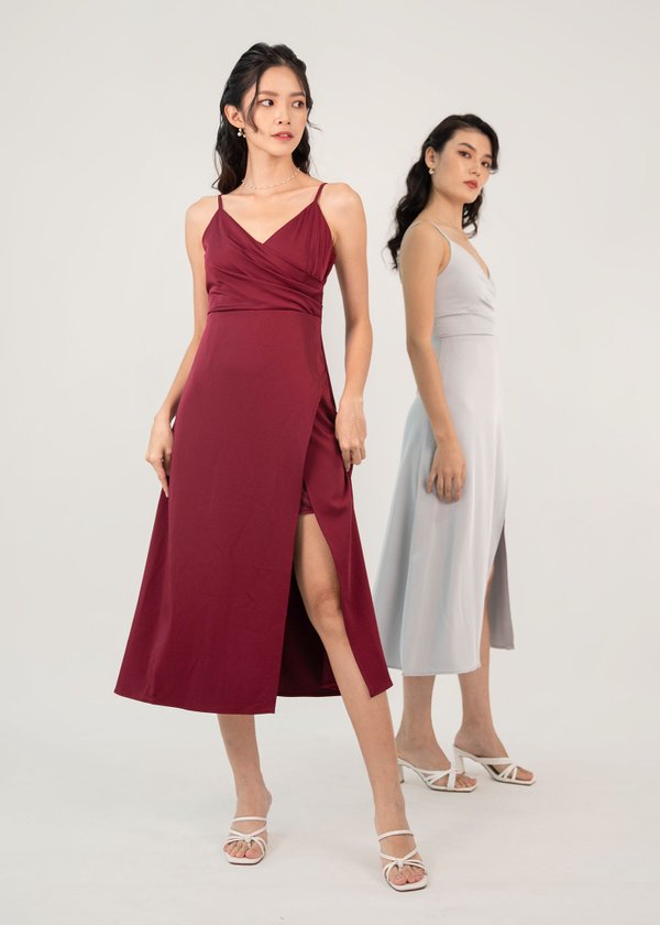 Starry Pleated Bust Midi Slit Dress in Wine Red